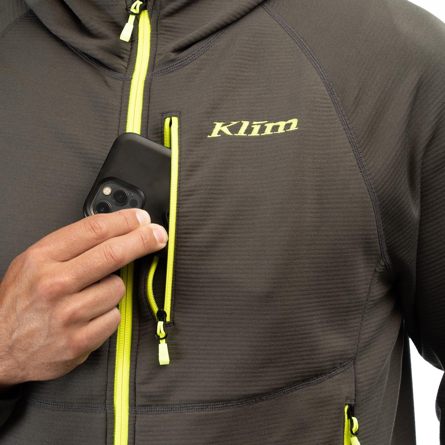 Pocket detail of Klim Highline Hoodie in Asphalt - Hi-Vis