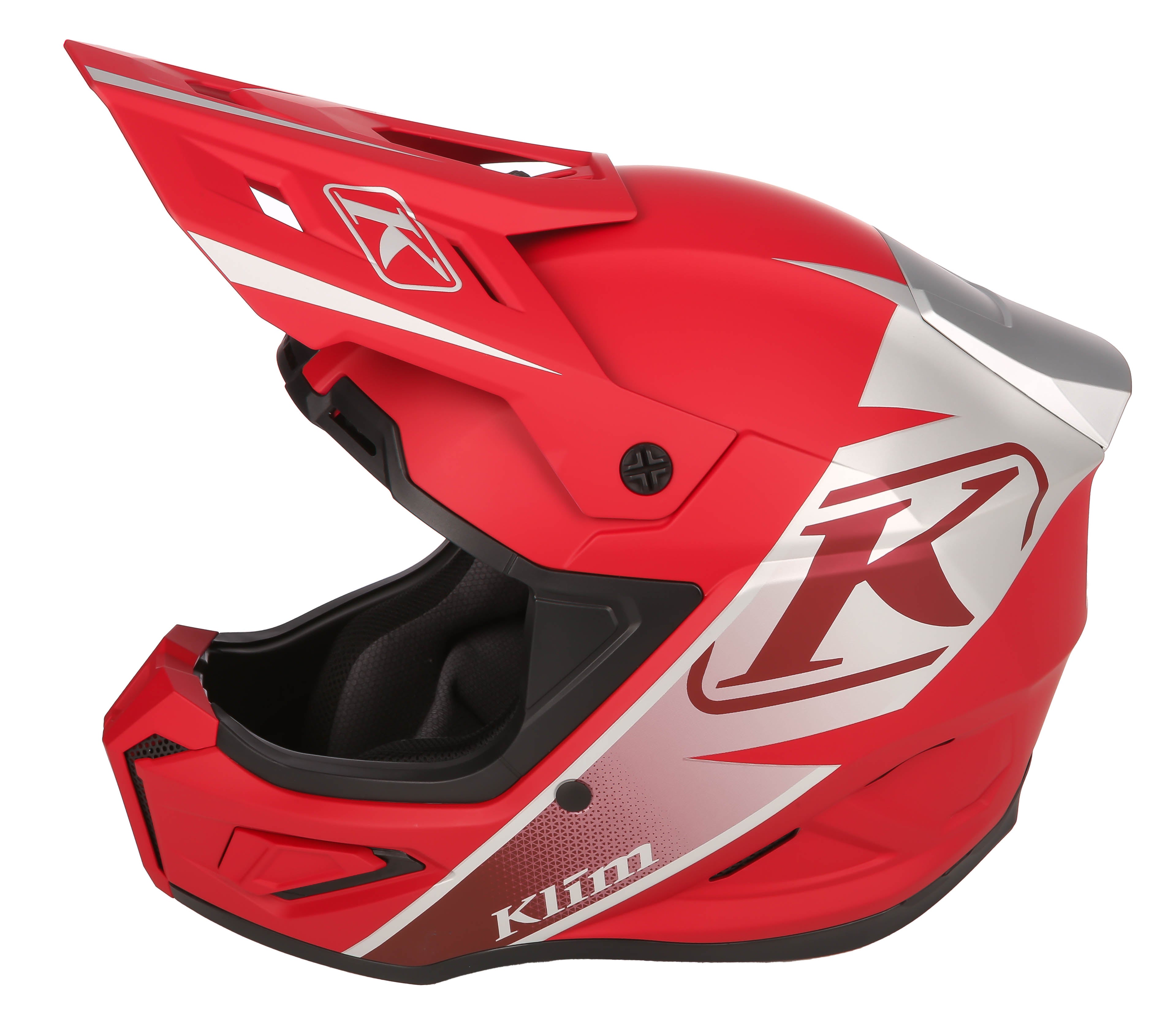 side view of Klim T1 Freeride ECE Snowmobile Helmet in Descent Matte Chili Pepper