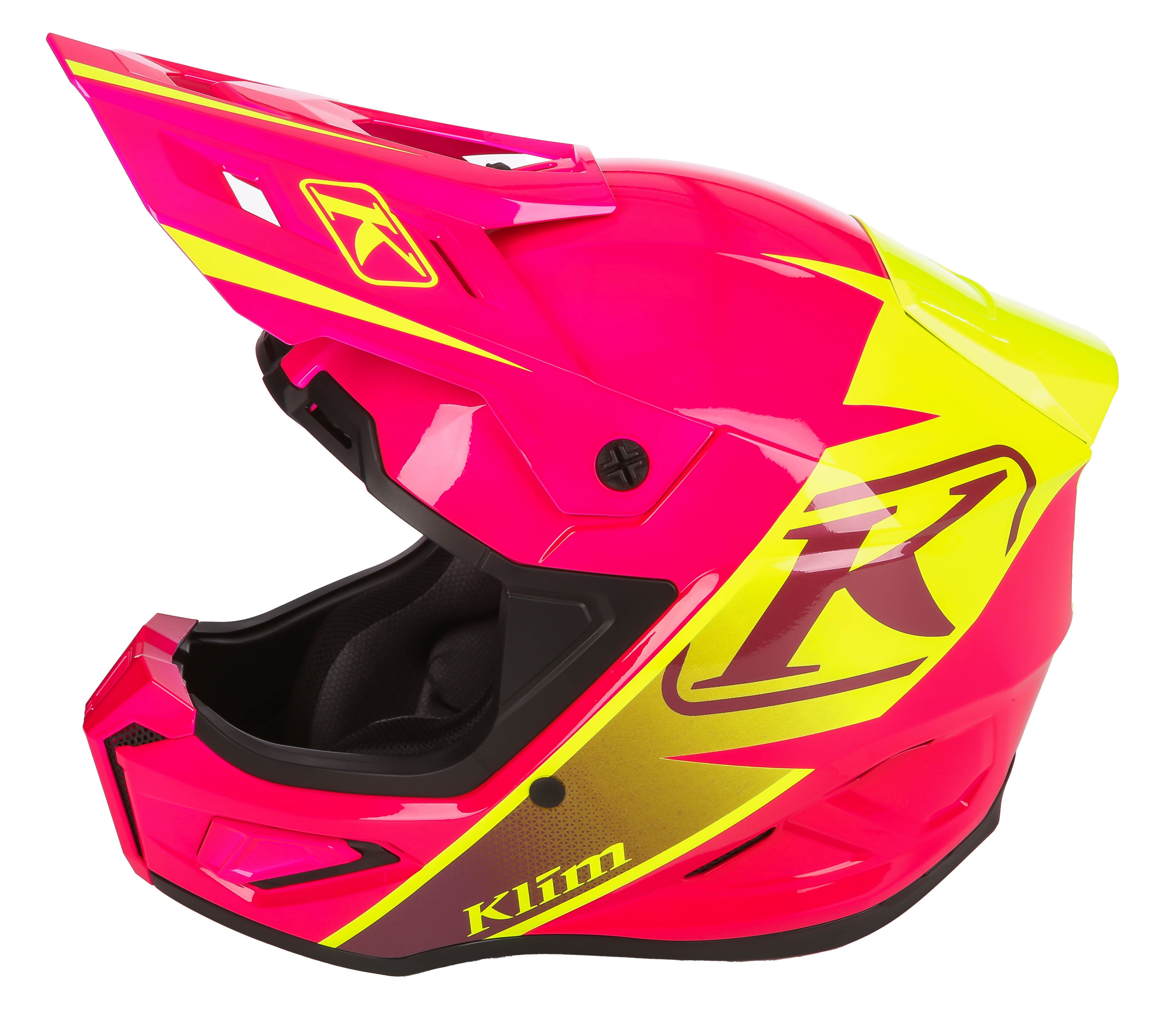 side view of Descent Pink Glo Klim T1 Freeride ECE Youth Snowmobile Helmet