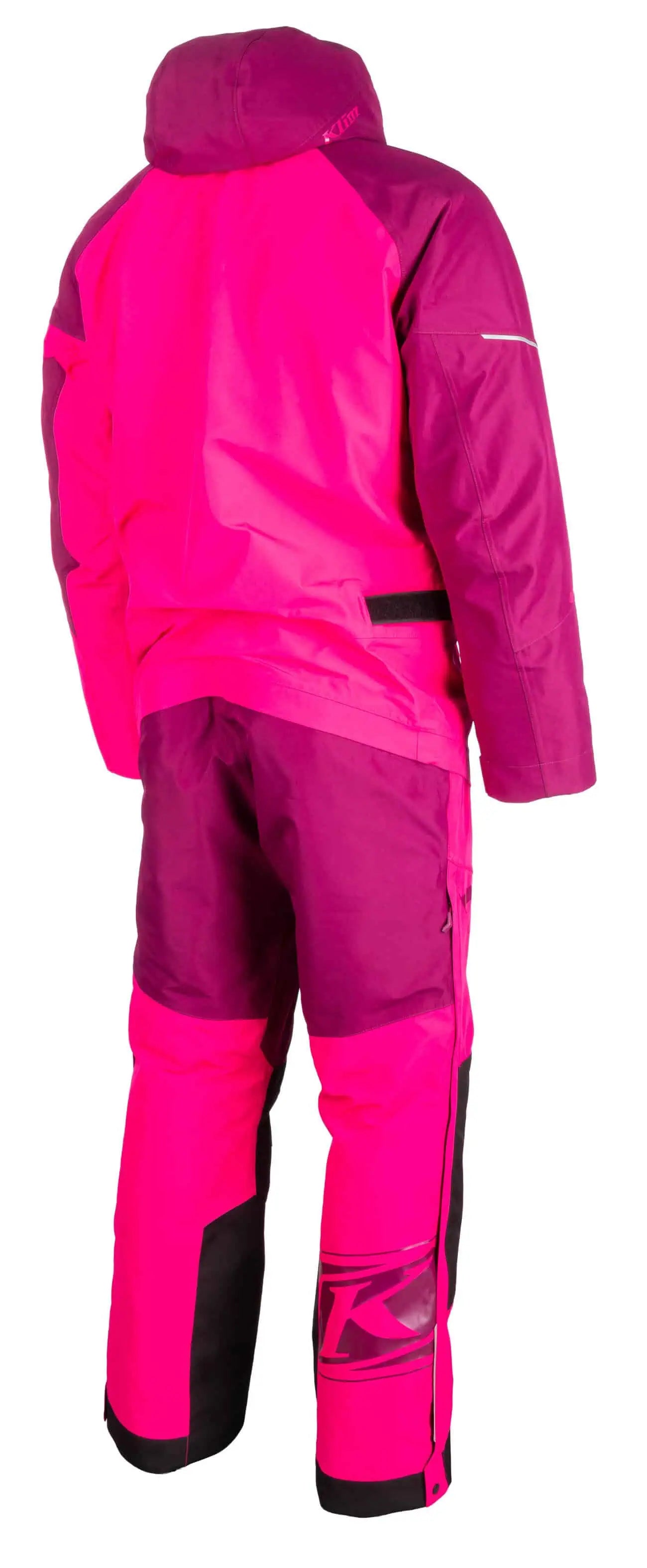 back view of pink glo and magenta purple Klim Terrain One-Piece Monosuit