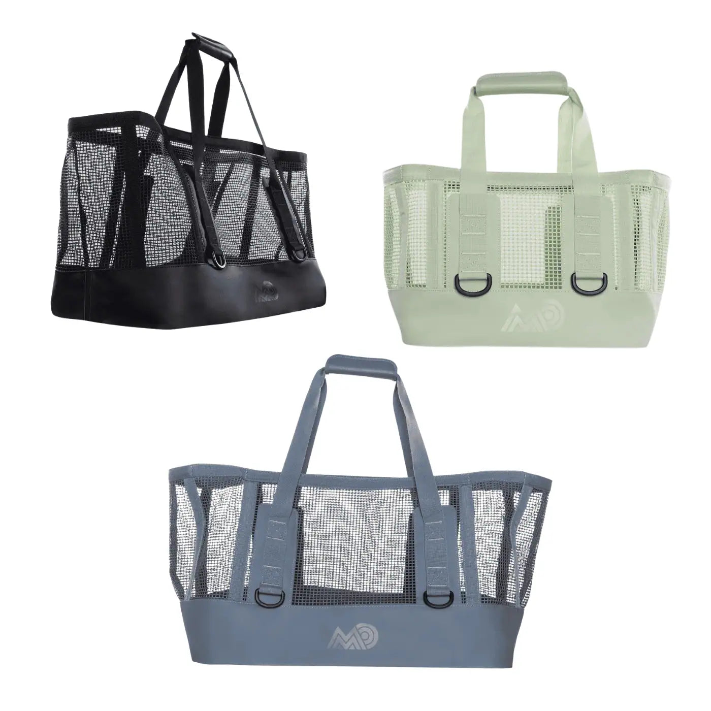 Three Mission Cassi Gear Tote - Heavy-Duty Boat and Beach Bag in black, green, and steel blue on a white background