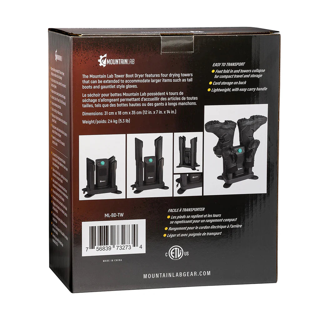 back of box Mountain Lab Tower Boot Dryer