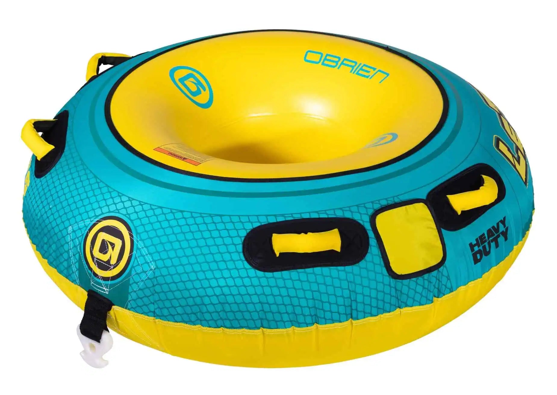 side view of the yellow and blue O'Brien Le Tube Towable Boat Tube