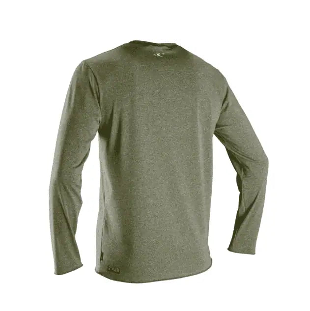 back view of the O'Neill Men's Hybrid Long Sleeve Sun Shirt in chimera green