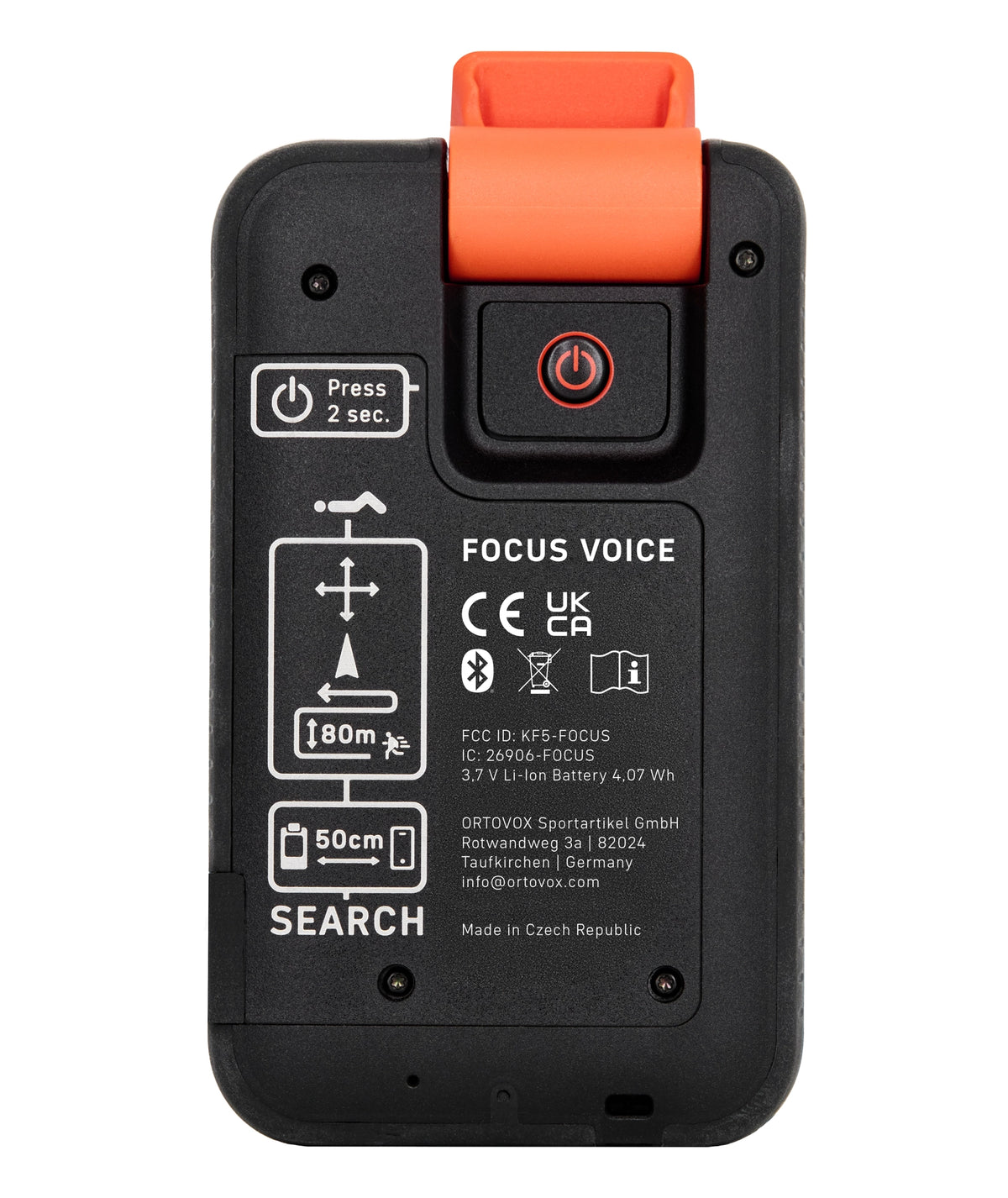 back of the Ortovox Focus Voice Avalanche Transceiver