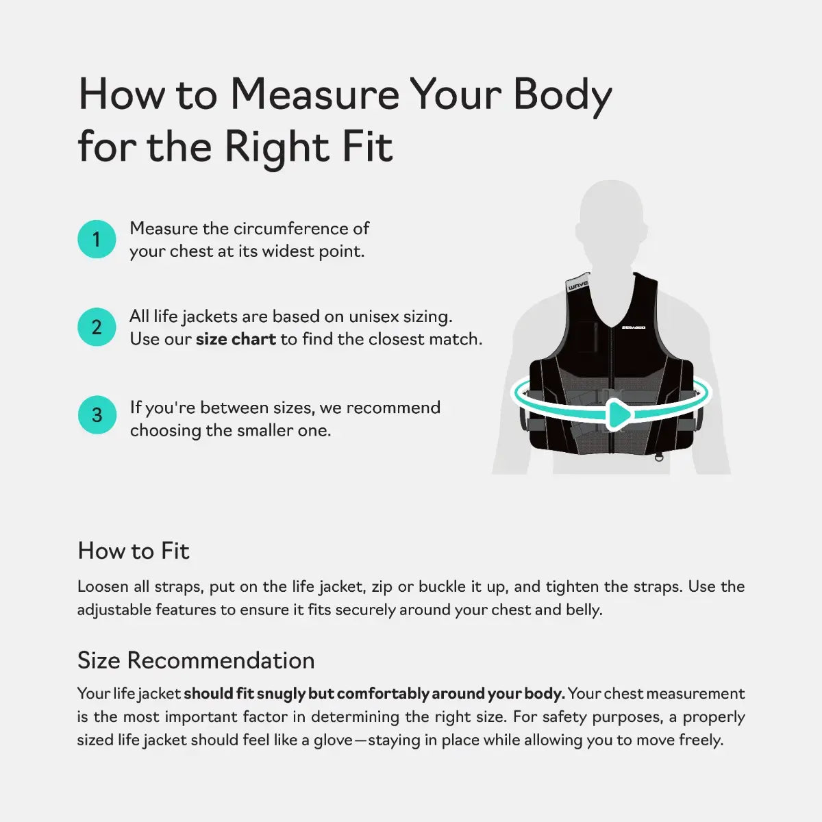 sizing guide for the Sea-Doo Wave Unisex Life Jacket / PFD