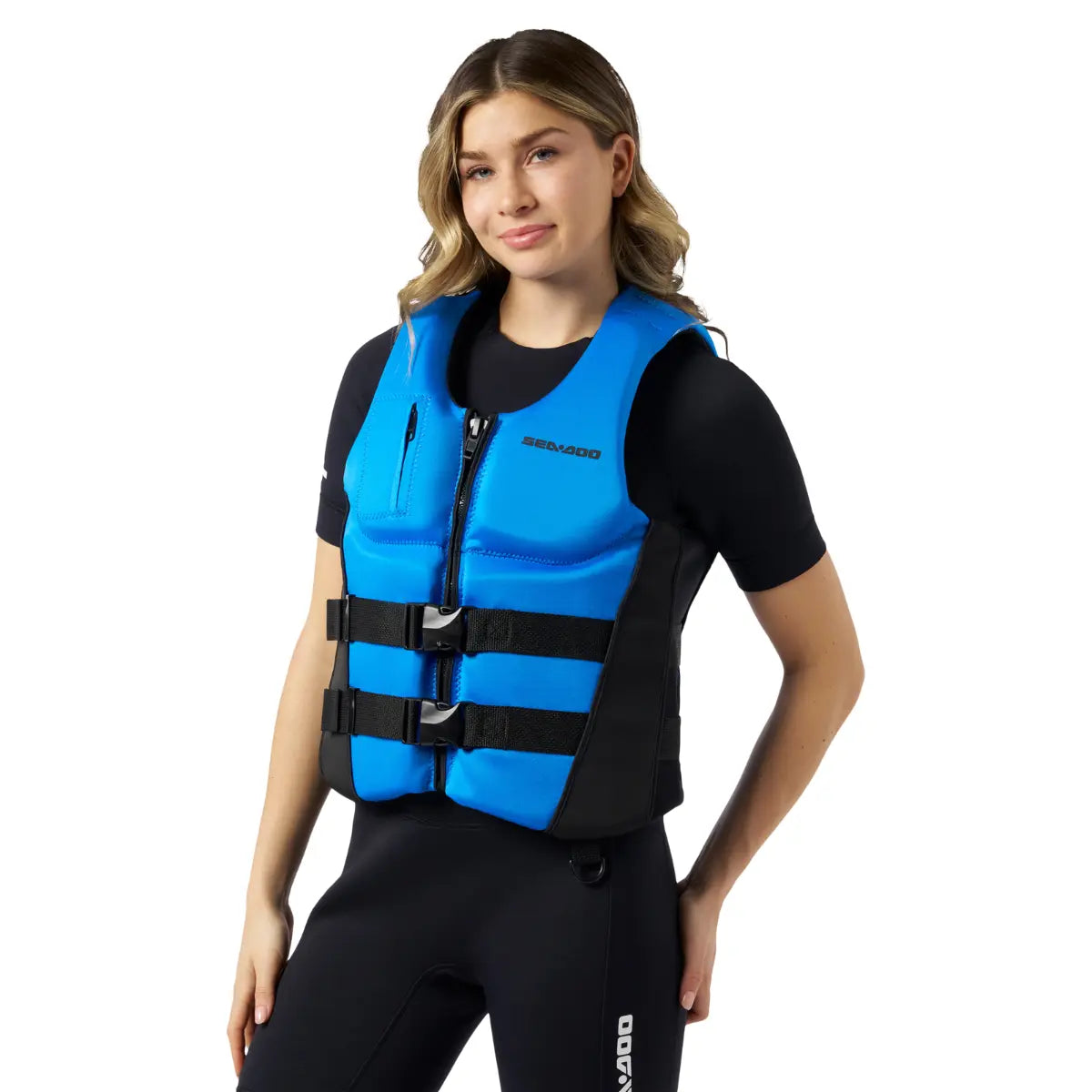 woman wearing the blue Sea-Doo Wave Unisex Life Jacket / PFD