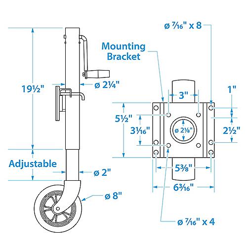 line diagram showing the dimensions of the Seachoice 1500 lb Fold Up Trailer Jack with Wheel for Boat and Utility Trailers