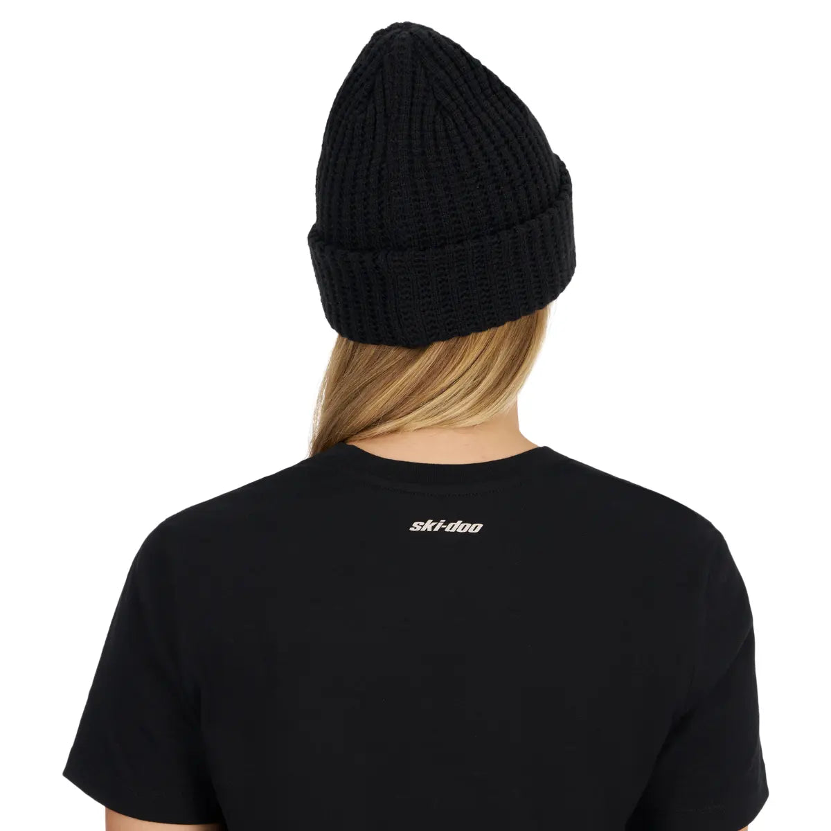 back view of Ski-Doo Chunky Beanie in black, woman model
