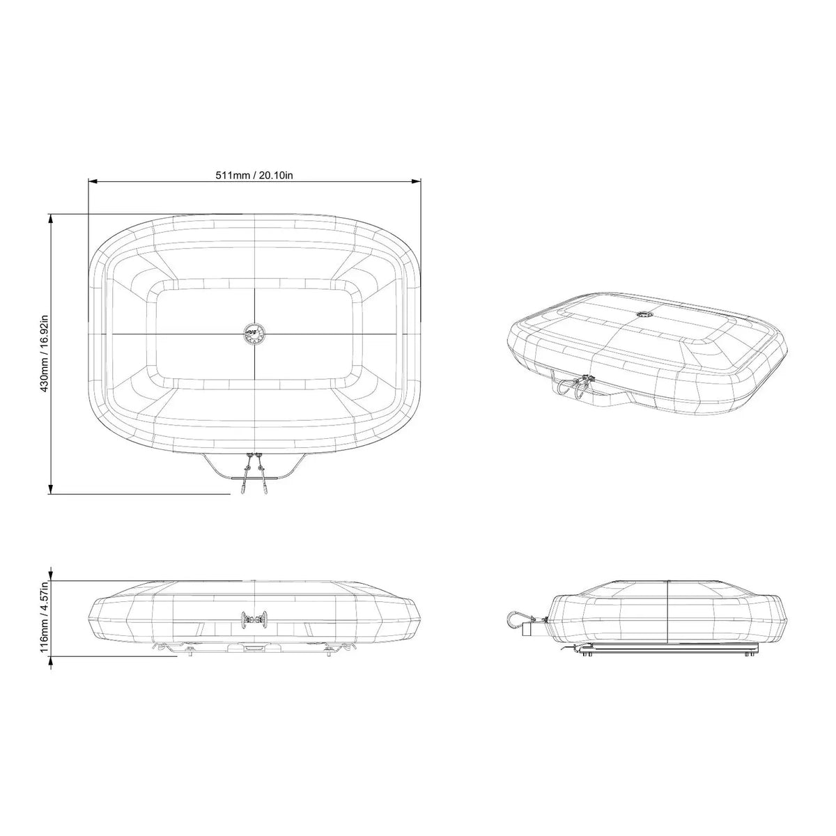 technical drawing and dimensions of the Ski-Doo LinQ Cargo Organizer
