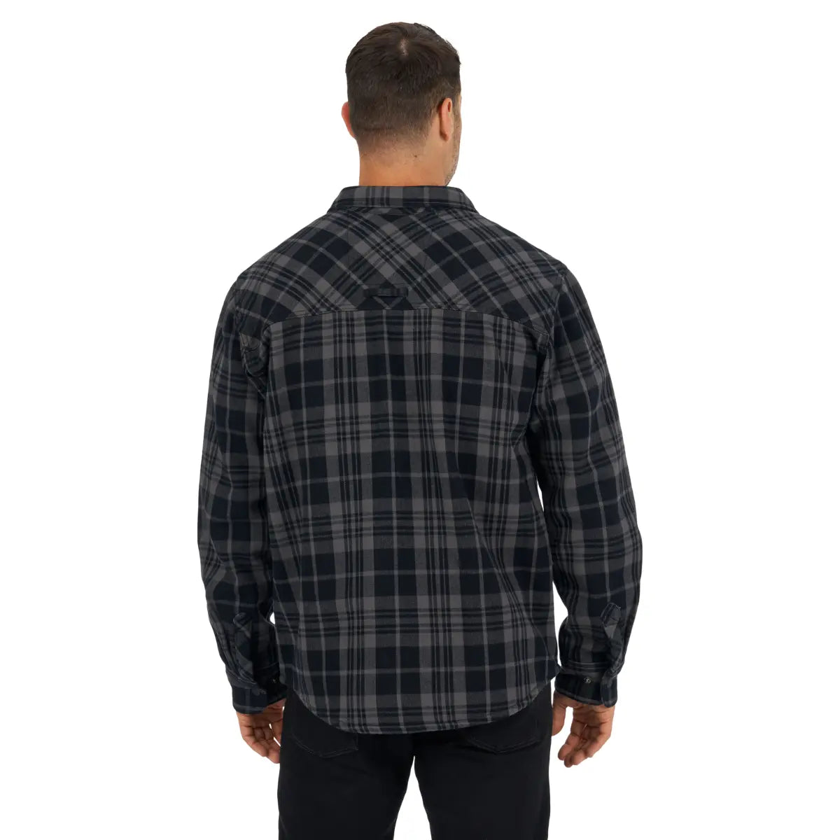 back view of the black Ski-Doo Men's Plaid Bonded Overshirt
