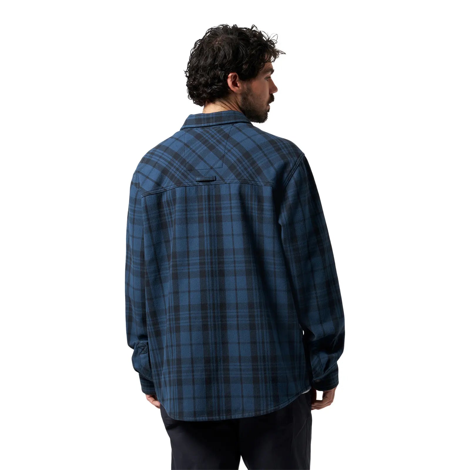 back view of the denim blue Ski-Doo Men's Plaid Bonded Overshirt