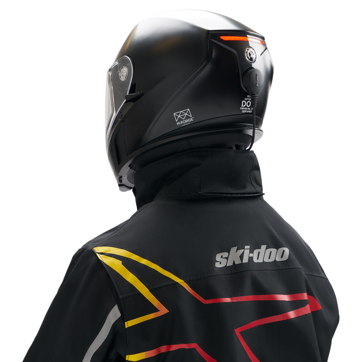 Ski-Doo Oxygen Flow Helmet in matte black back view on model