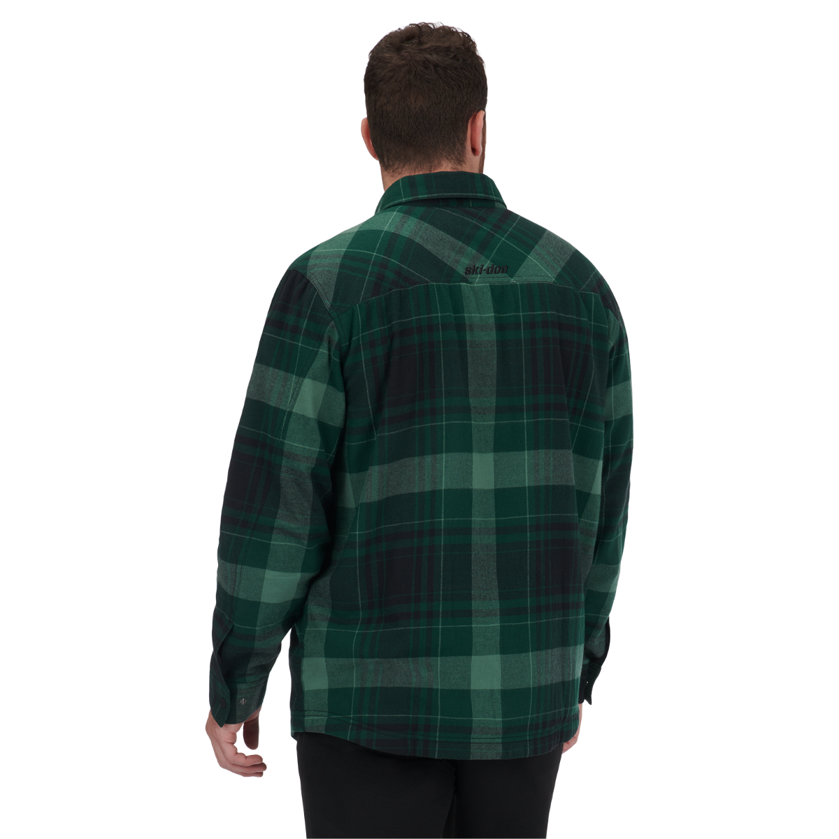 back view of Ski-Doo Plaid Overshirt in green