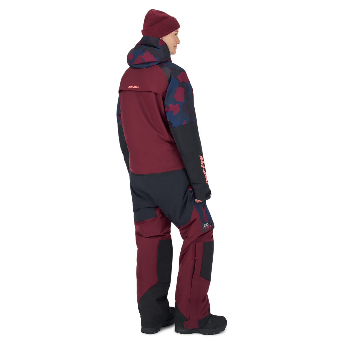 Ski-Doo Women's Enduro Insulated One-Piece Suit in wine, back view
