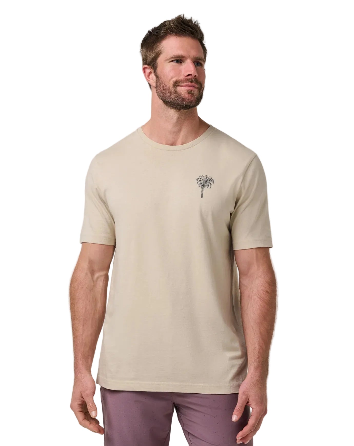 front of the TravisMathew Club Member T-Shirt in Italian Sand color