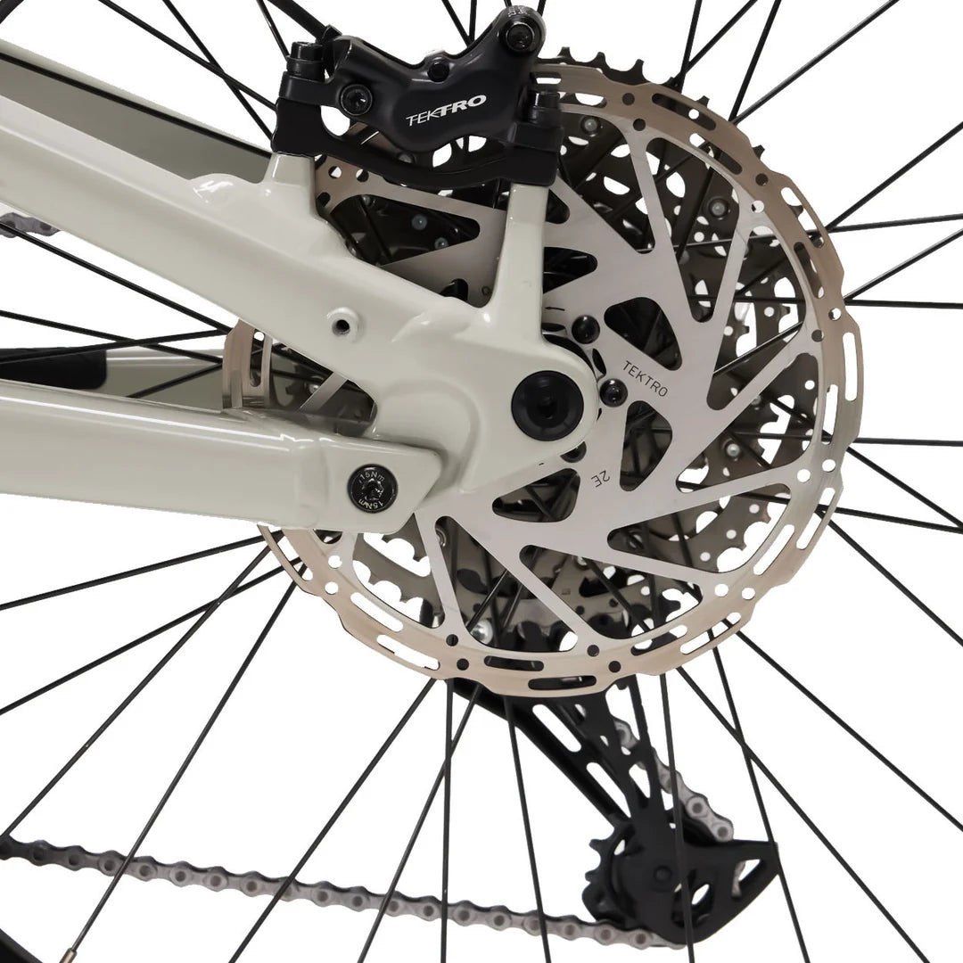 Close-up of a Vamoose Matador FS Downhill E-Bike gear system with Tektro branding on a white background
