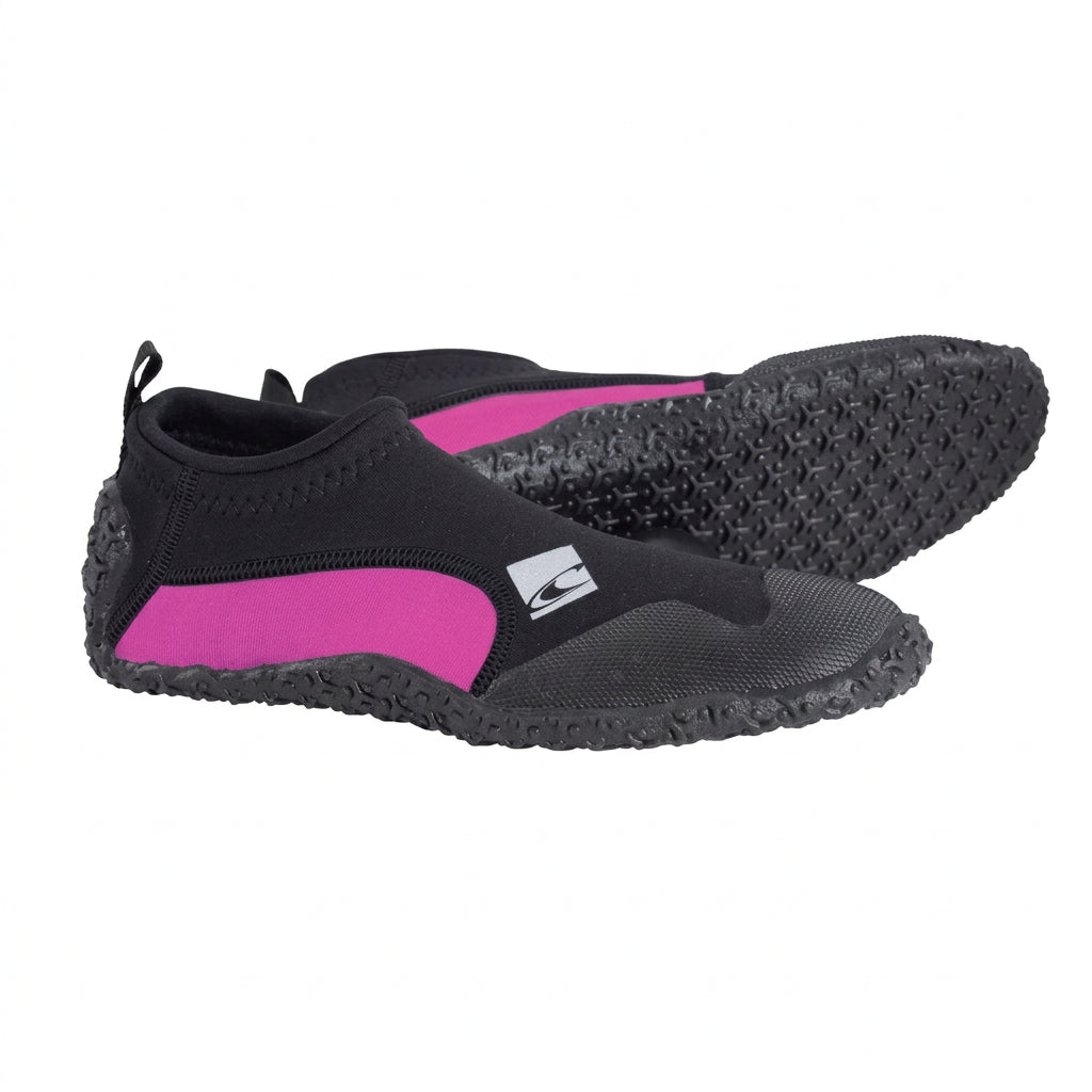 A pair of O'Neill Youth Reactor Reef Booties, primarily black with blue accents, designed for water sports.